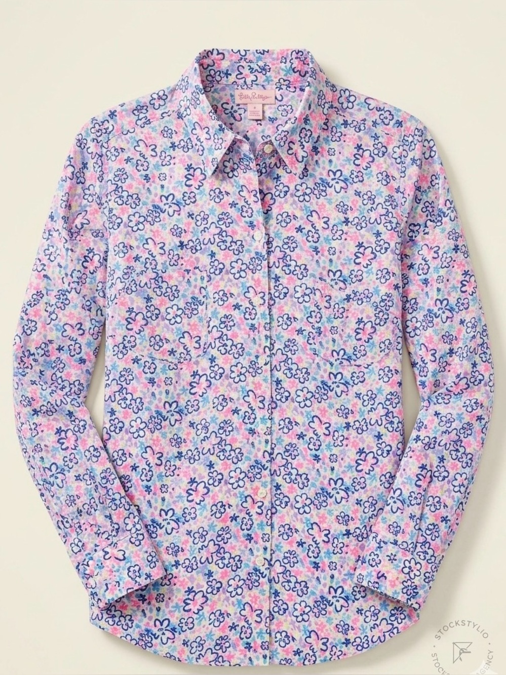 Lilly Pulitzer Women’s Lavender, Pink & Blue Ditsy 100% Linen Button-Up Blouse